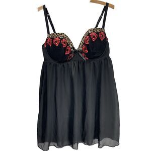 CACIQUE Babydoll Chemise Lingerie Adjustable Sheer Floral Animal 18 20 Black